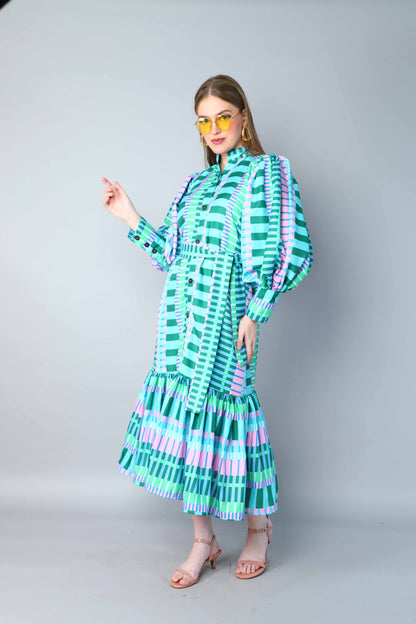 Green & Lilac Striped Puff Sleeve Belted Midi Dress