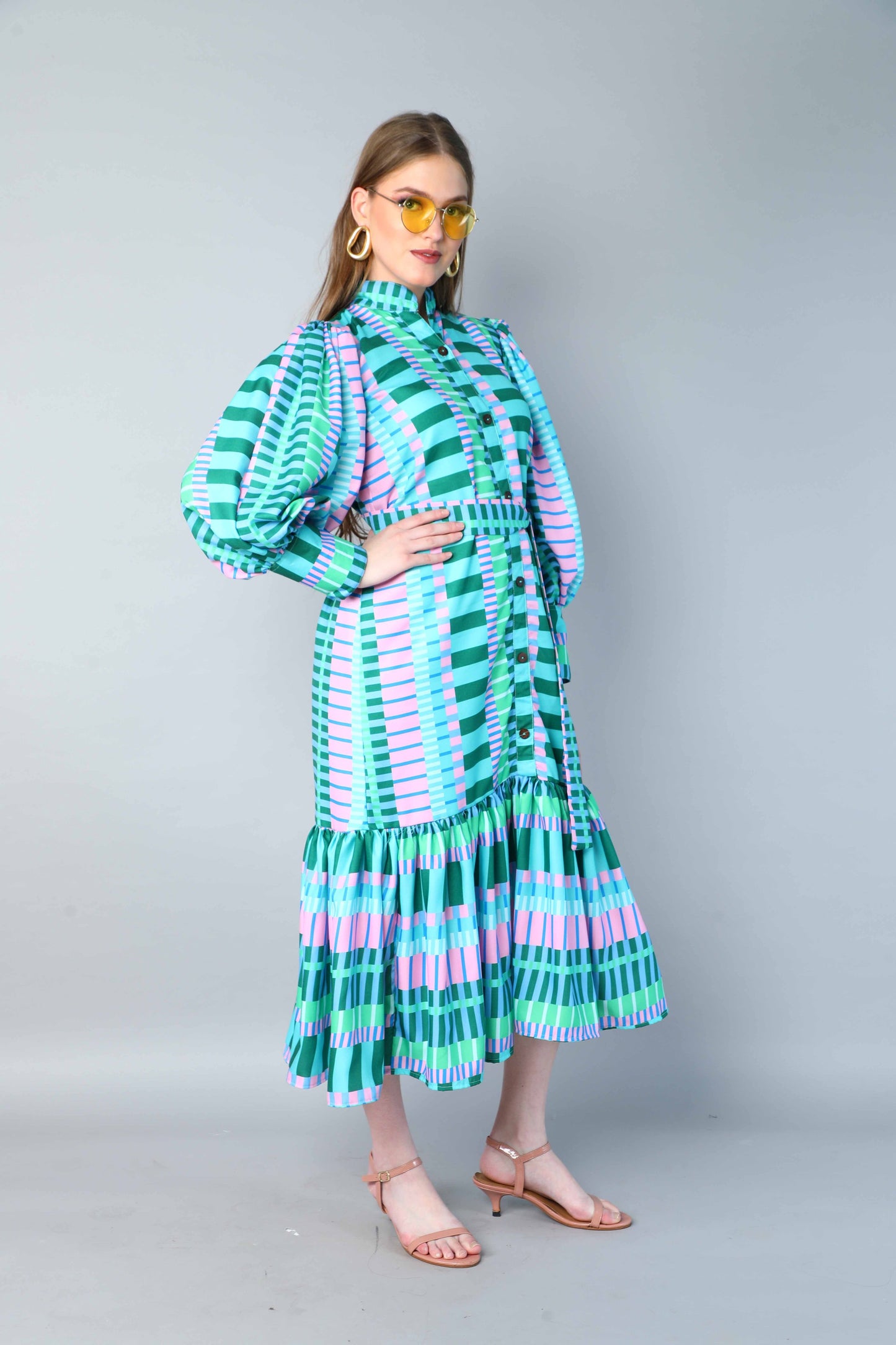 Green & Lilac Striped Puff Sleeve Belted Midi Dress