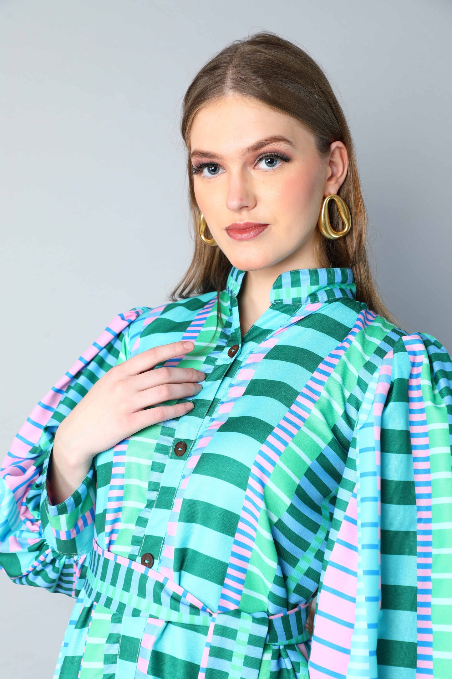 Green & Lilac Striped Puff Sleeve Belted Midi Dress