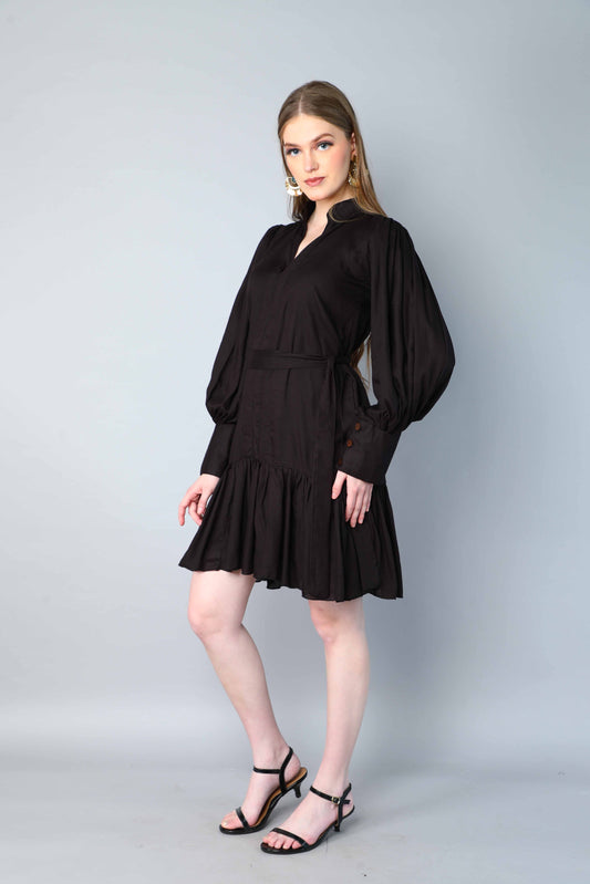 Black Puff Sleeve Belted Dress