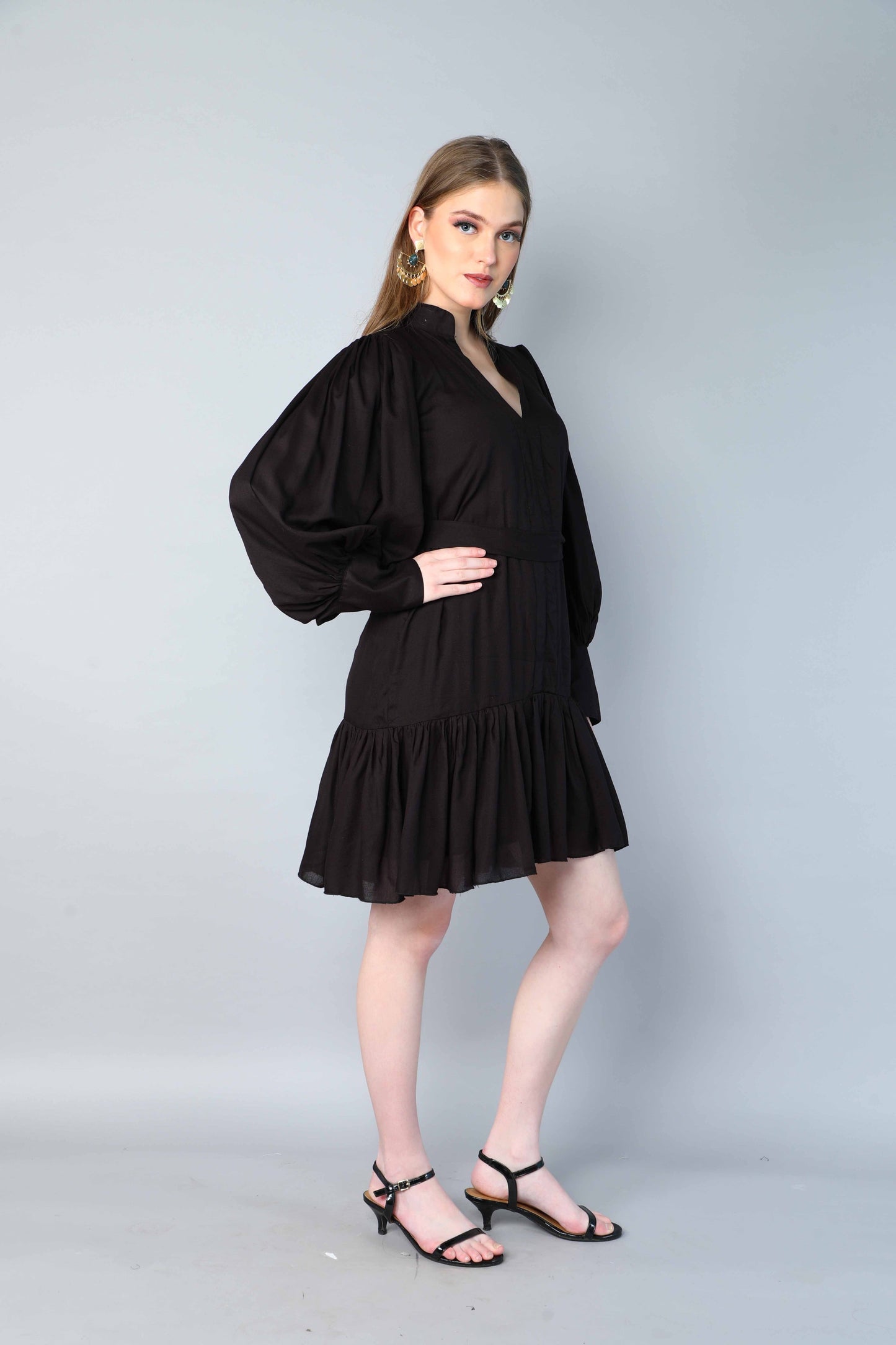 Black Puff Sleeve Belted Dress