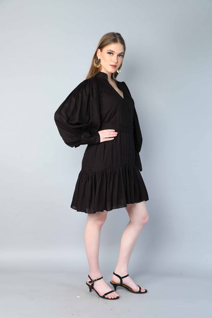 Black Puff Sleeve Belted Dress