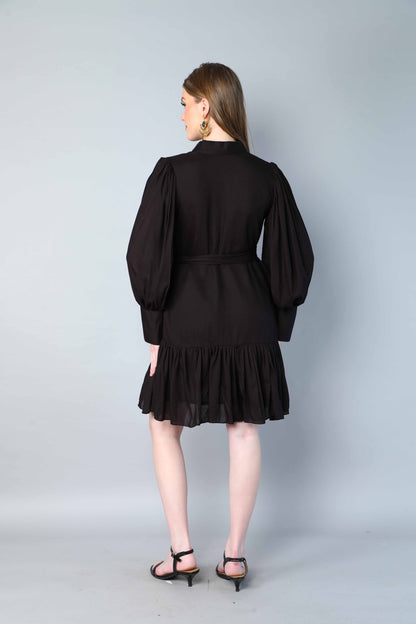 Black Puff Sleeve Belted Dress