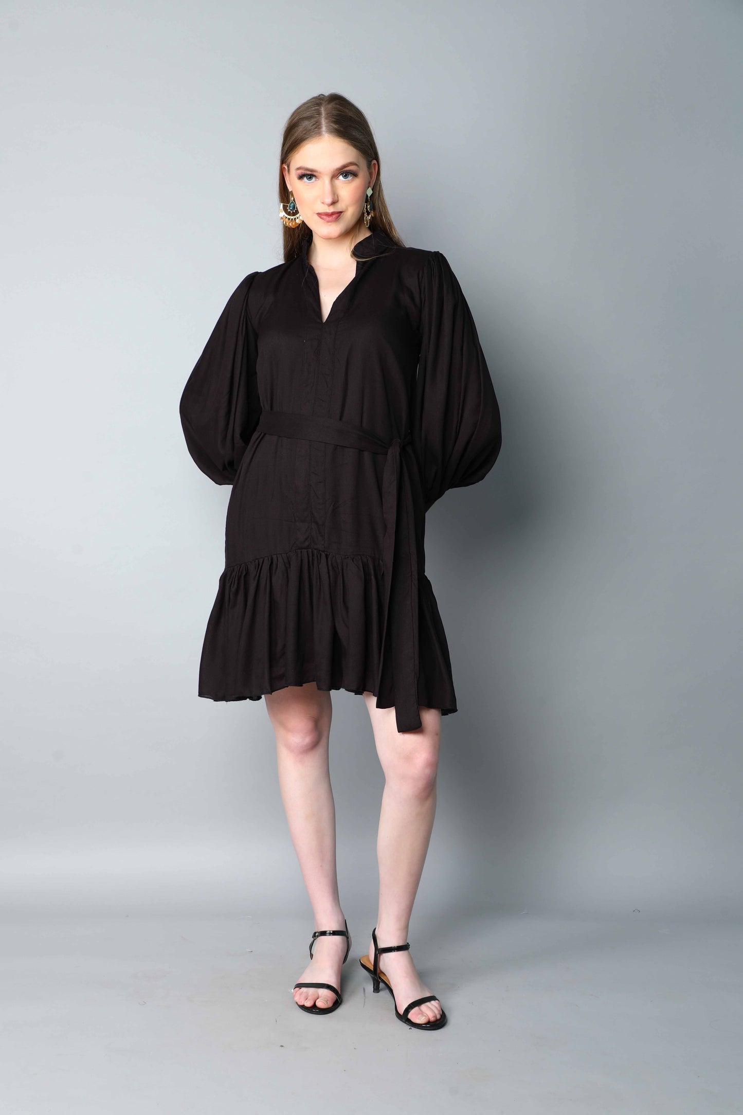 Black Puff Sleeve Belted Dress