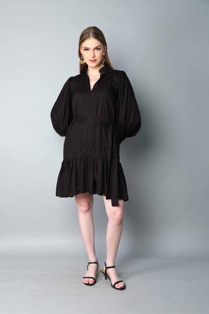 Black Puff Sleeve Belted Dress