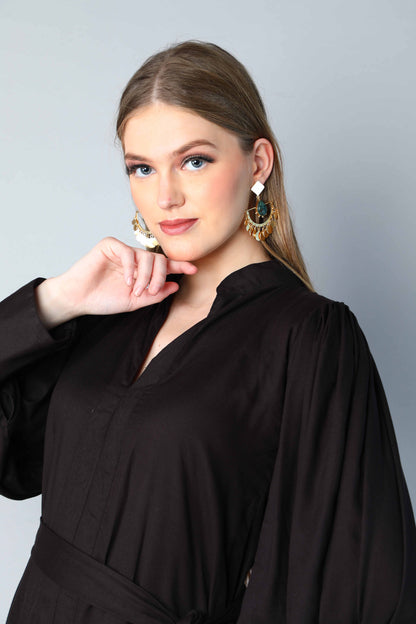 Black Puff Sleeve Belted Dress