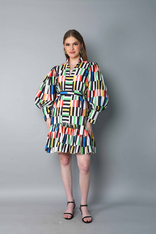 Multicolor Black Puff Sleeve Belted Dress