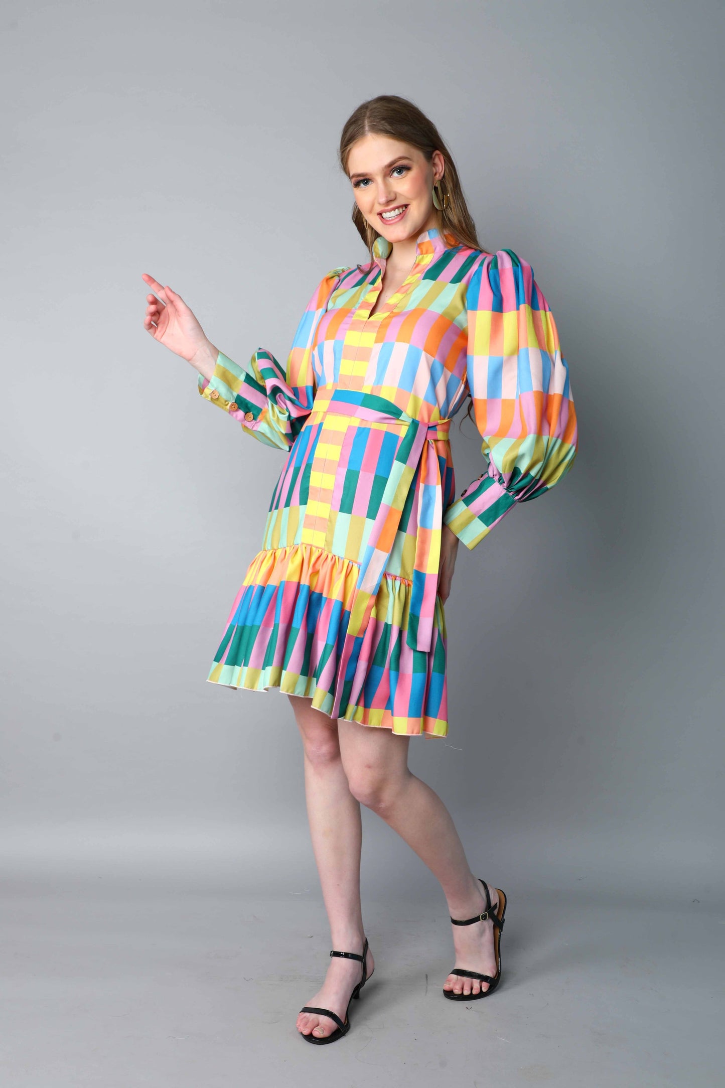 Multicolor Striped Puff Sleeve Belted Dress