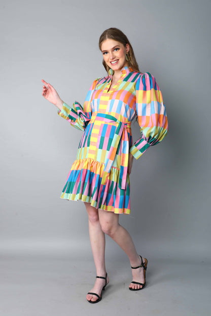 Multicolor Striped Puff Sleeve Belted Dress