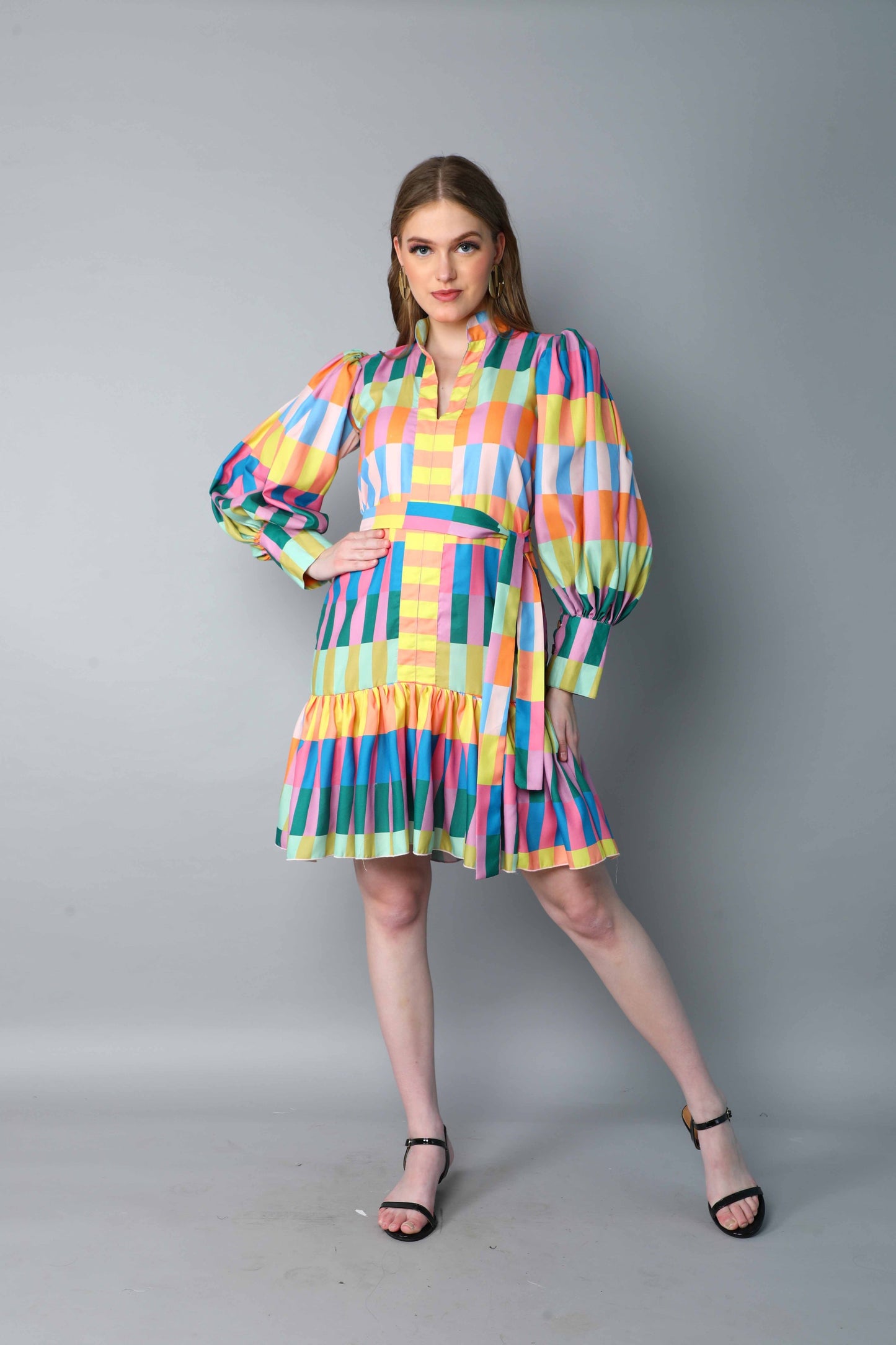 Multicolor Striped Puff Sleeve Belted Dress