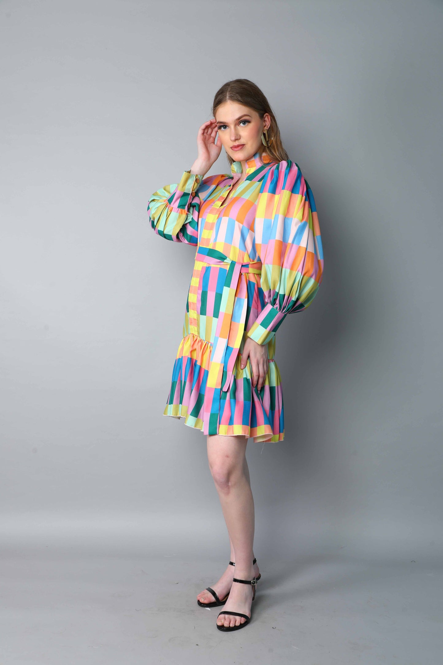 Multicolor Striped Puff Sleeve Belted Dress
