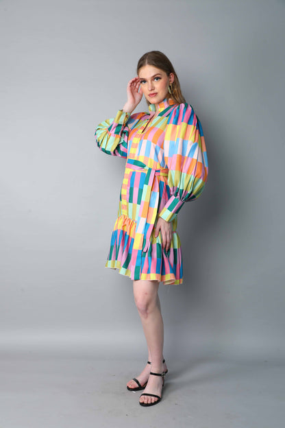 Multicolor Striped Puff Sleeve Belted Dress