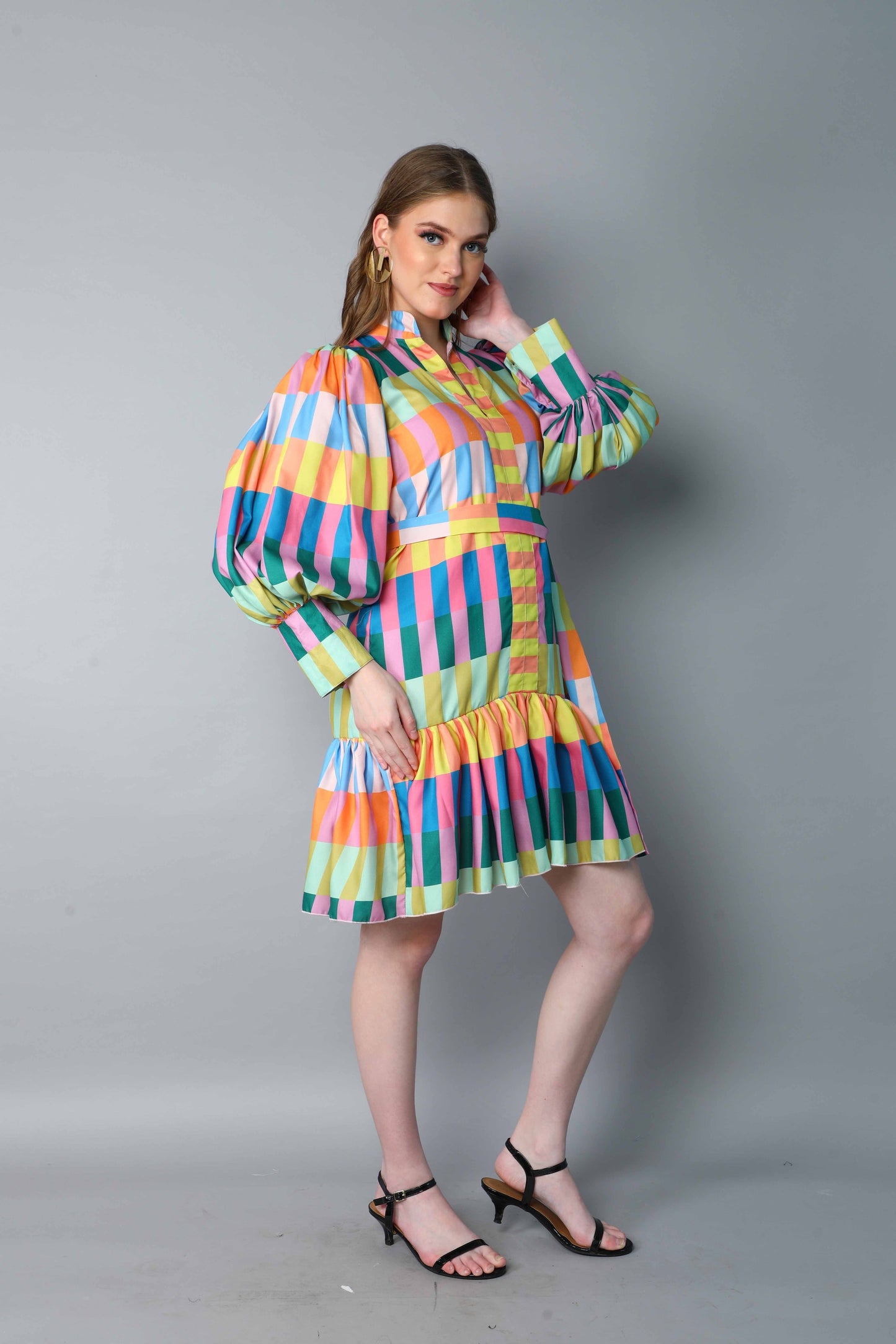 Multicolor Striped Puff Sleeve Belted Dress