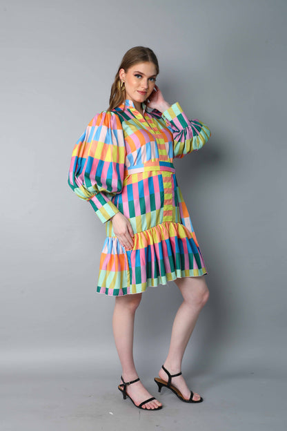 Multicolor Striped Puff Sleeve Belted Dress