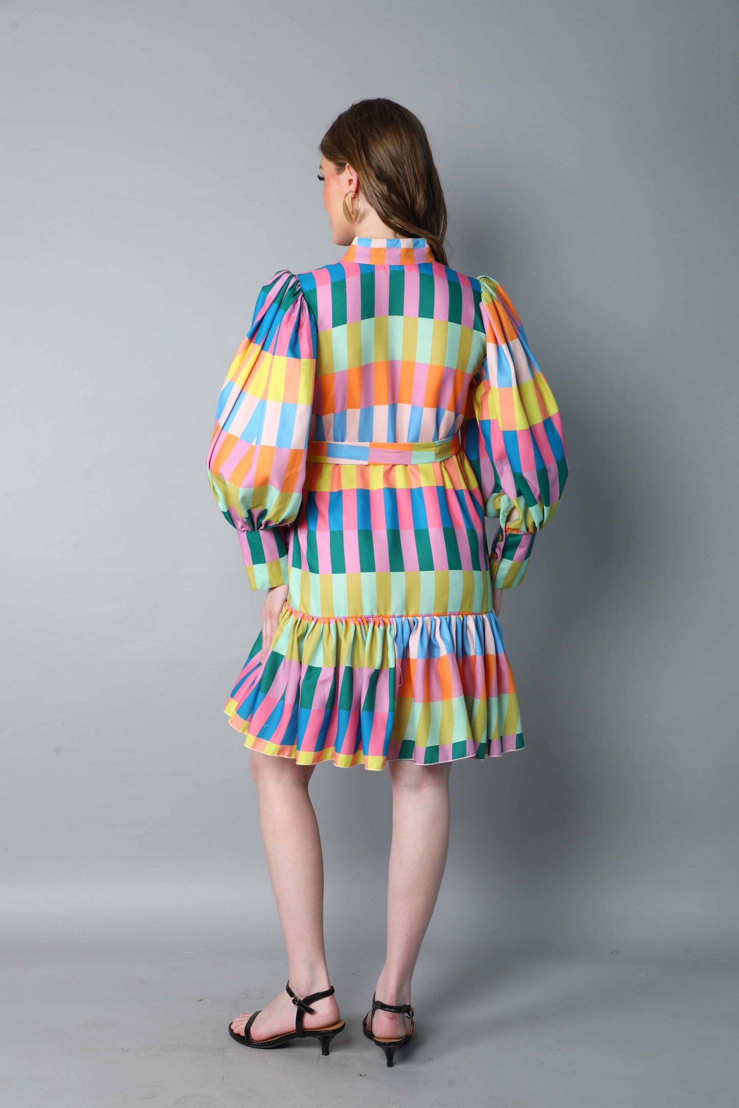 Multicolor Striped Puff Sleeve Belted Dress