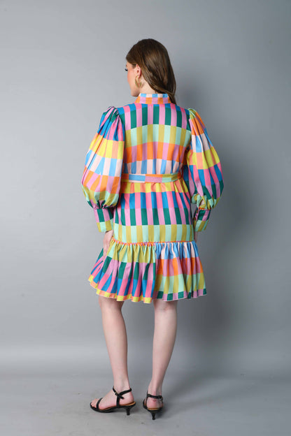Multicolor Striped Puff Sleeve Belted Dress
