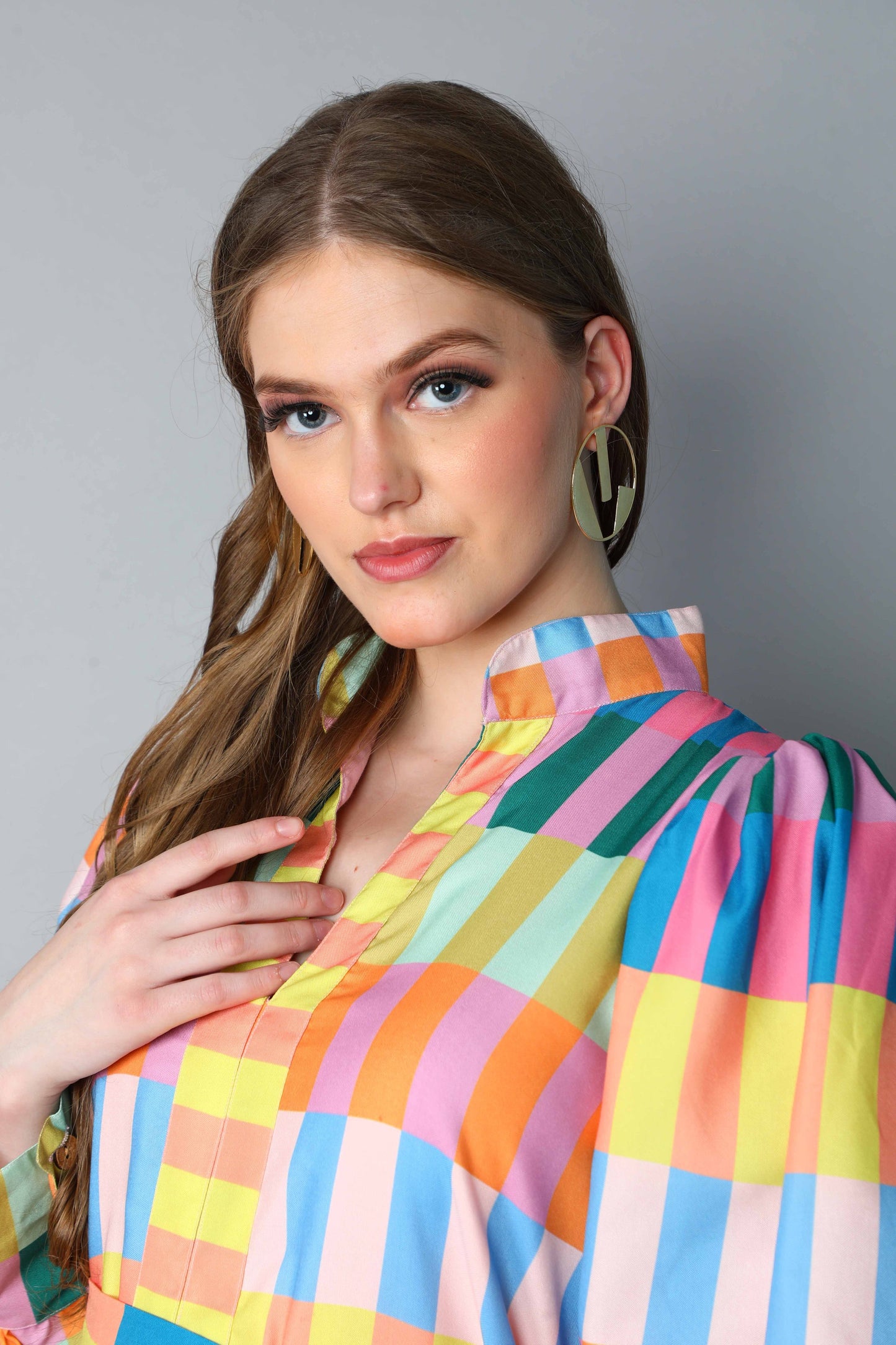 Multicolor Striped Puff Sleeve Belted Dress