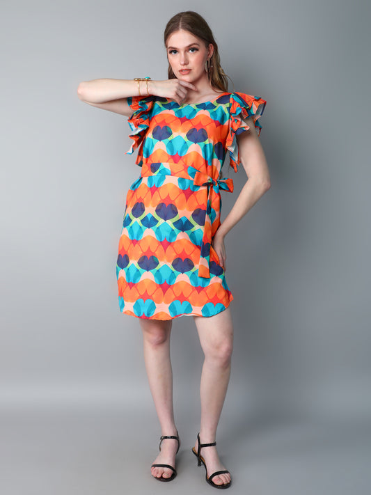 Double-Layered Pleated Ruffle Sleeve Printed Dress