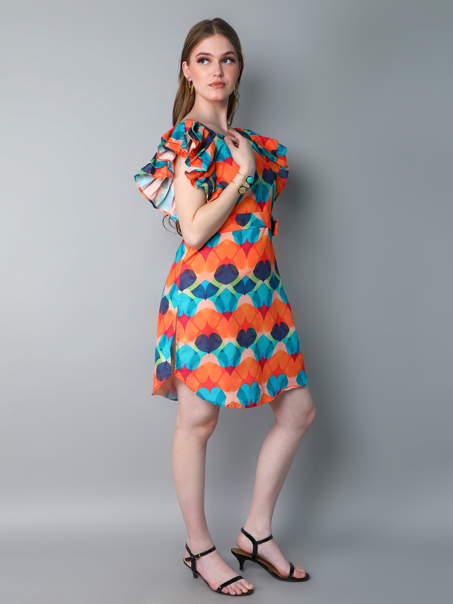 Double-Layered Pleated Ruffle Sleeve Printed Dress