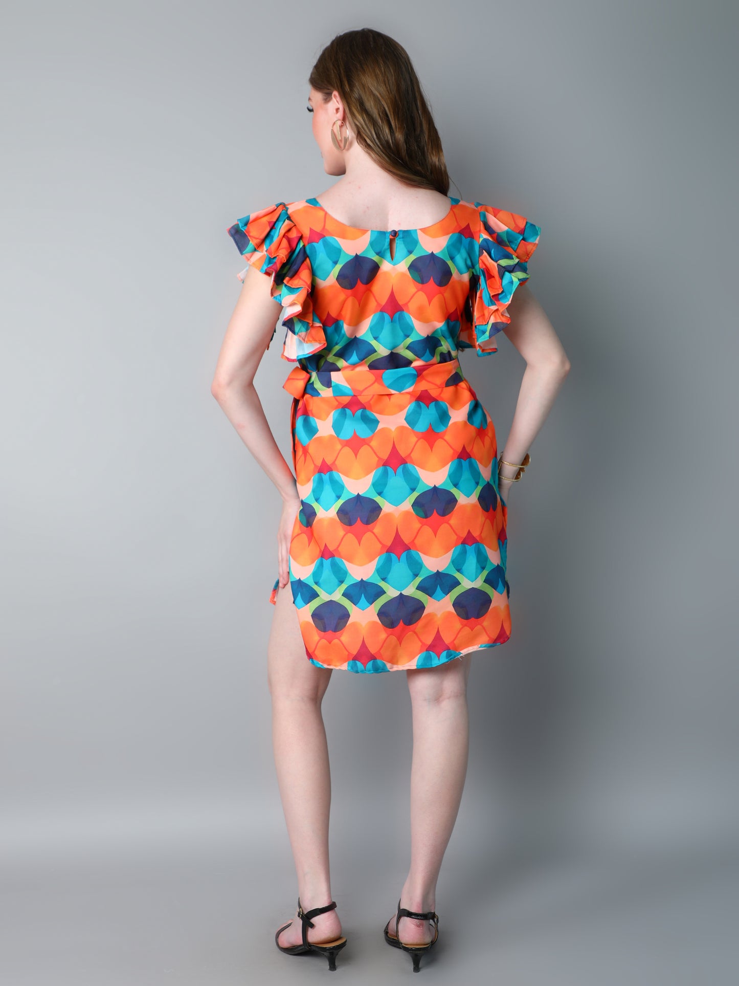 Double-Layered Pleated Ruffle Sleeve Printed Dress