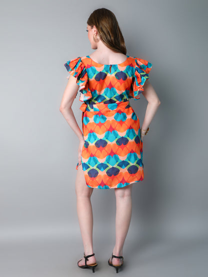 Double-Layered Pleated Ruffle Sleeve Printed Dress