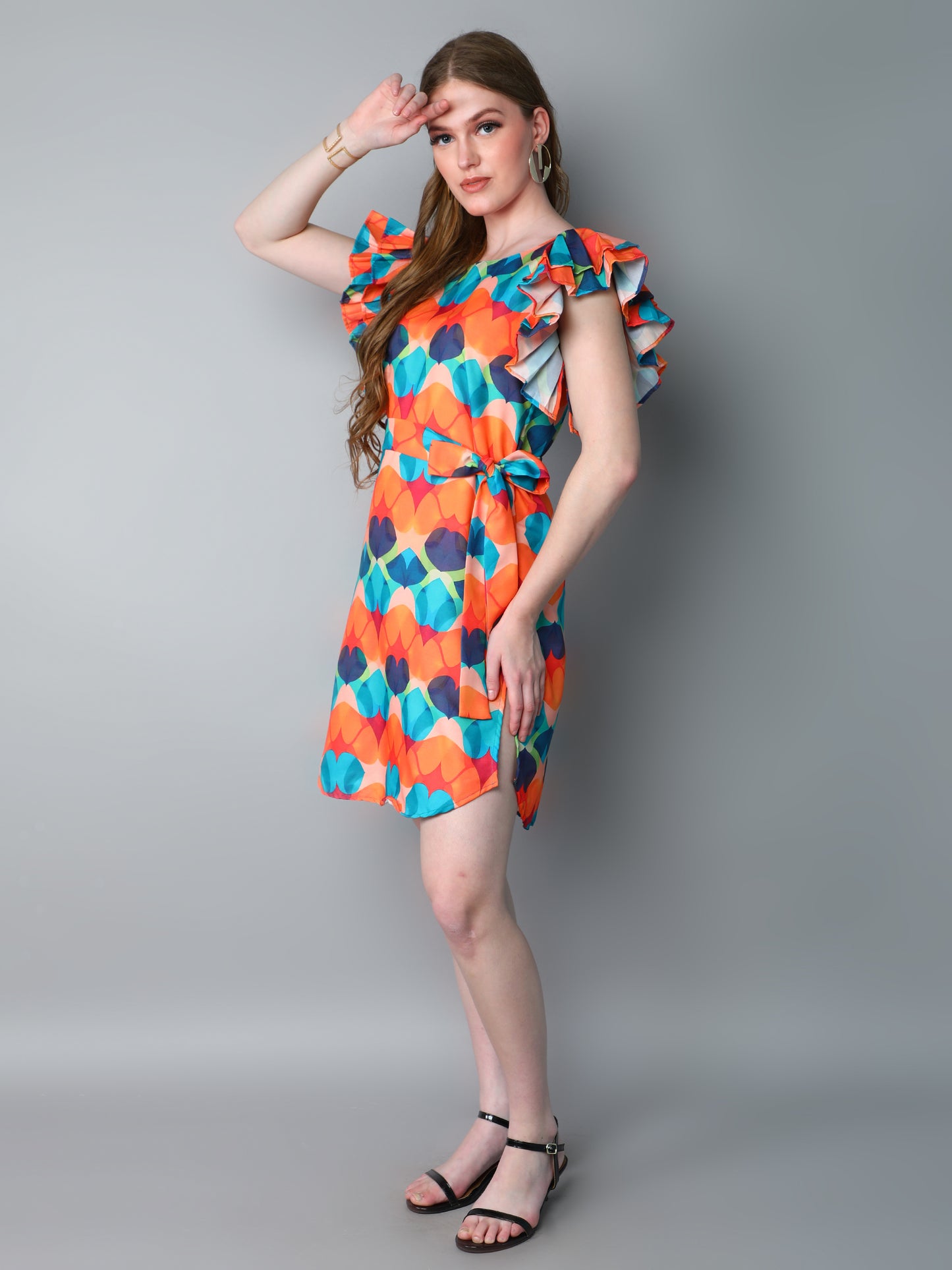 Double-Layered Pleated Ruffle Sleeve Printed Dress