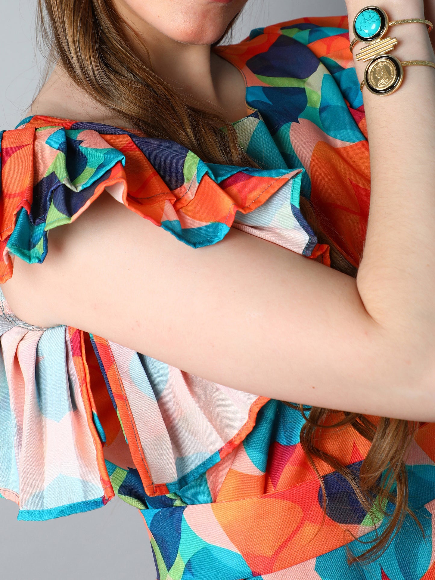 Double-Layered Pleated Ruffle Sleeve Printed Dress