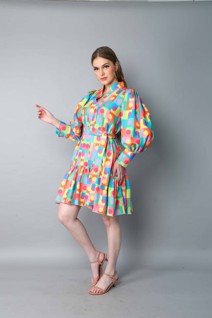 Retro Multicolor Geometric Print Puff Sleeve Dress