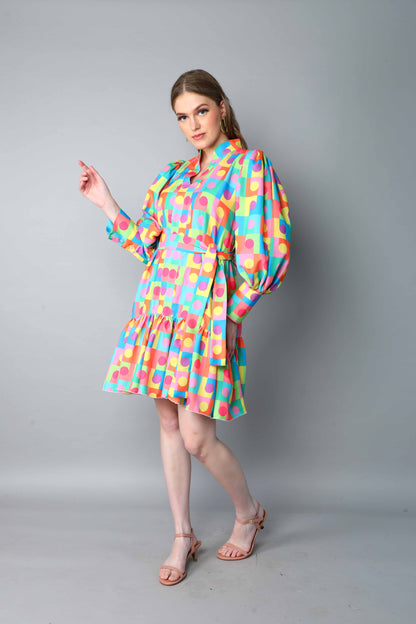 Retro Multicolor Geometric Print Puff Sleeve Dress