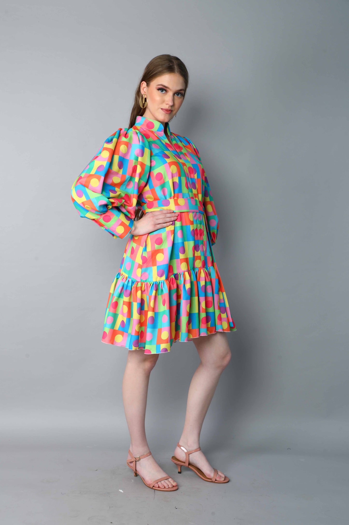 Retro Multicolor Geometric Print Puff Sleeve Dress