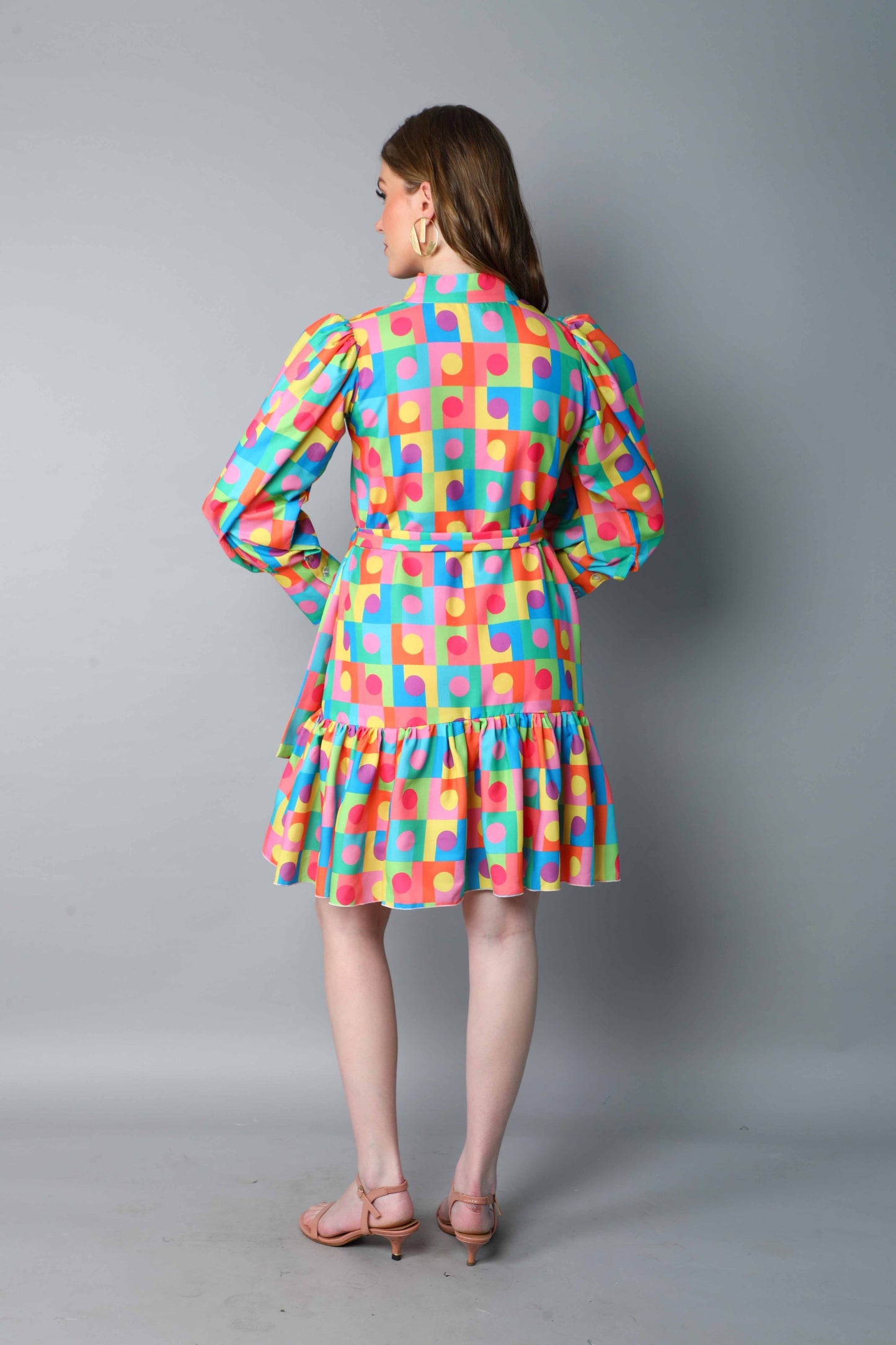 Retro Multicolor Geometric Print Puff Sleeve Dress