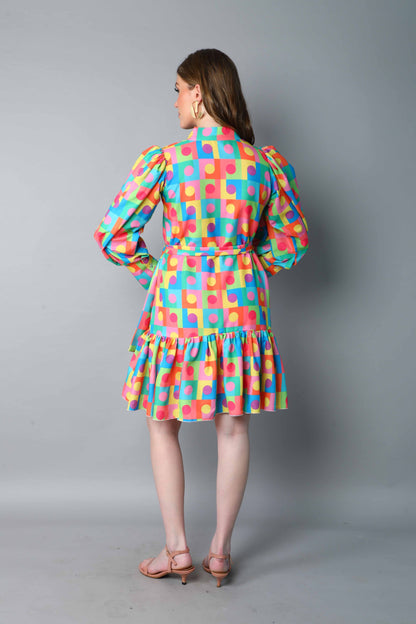 Retro Multicolor Geometric Print Puff Sleeve Dress