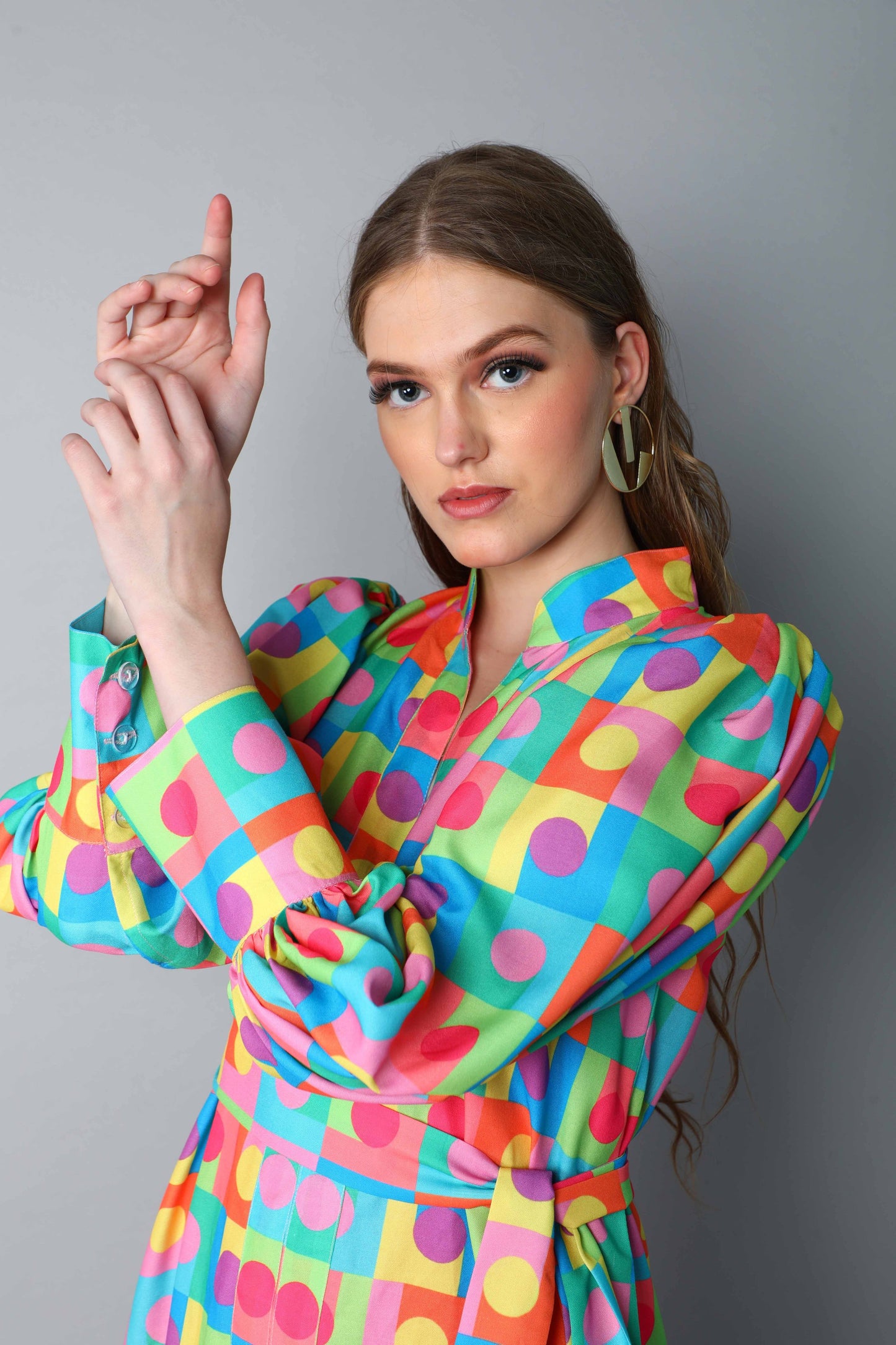 Retro Multicolor Geometric Print Puff Sleeve Dress