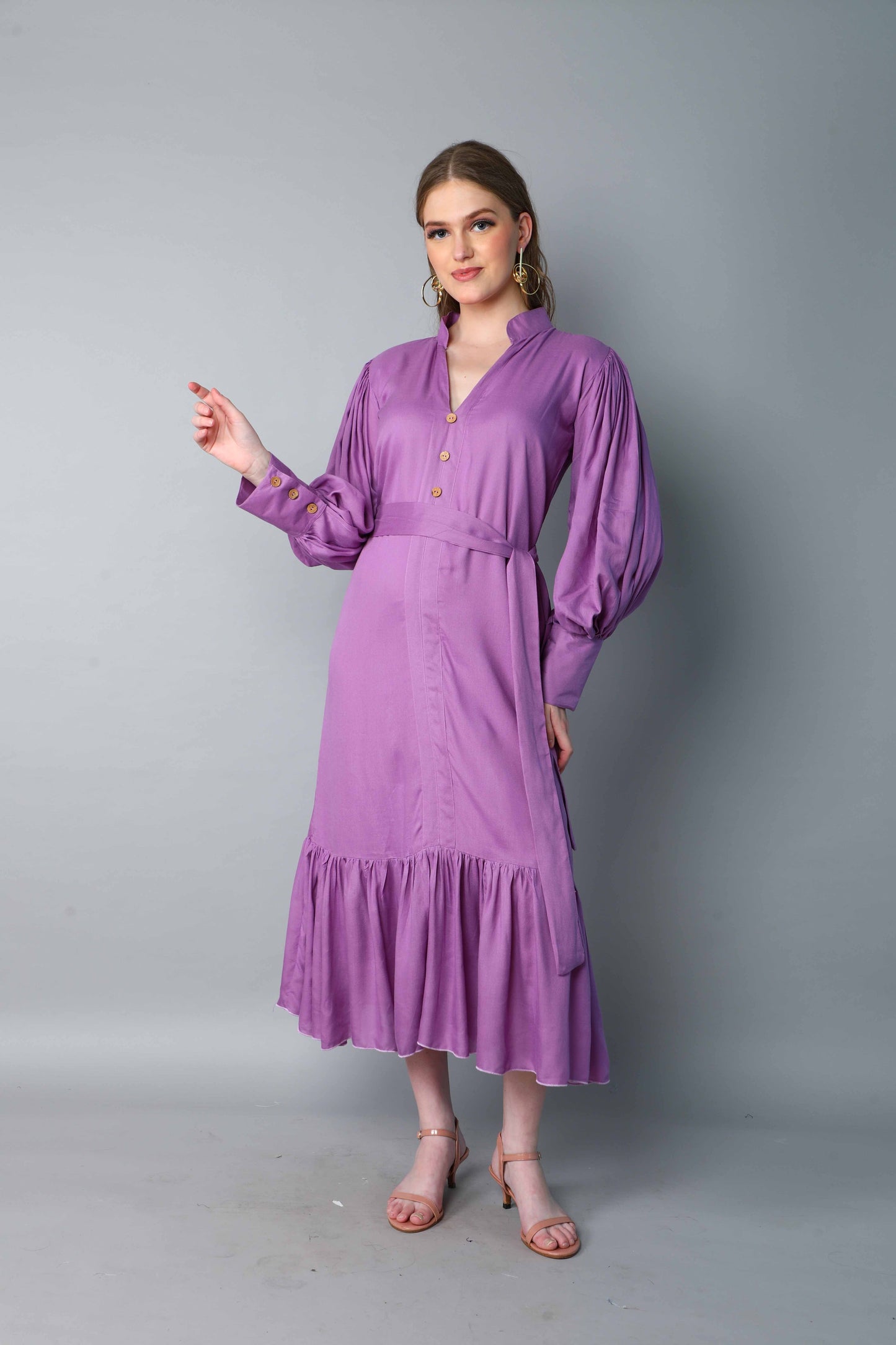 Lilac Puff Sleeve Belted Midi Dress