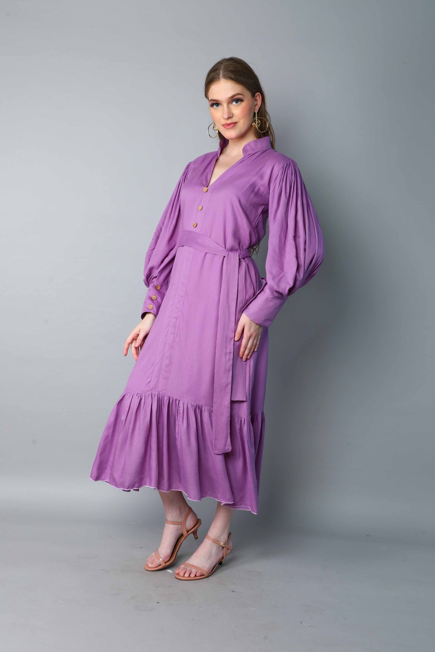 Lilac Puff Sleeve Belted Midi Dress