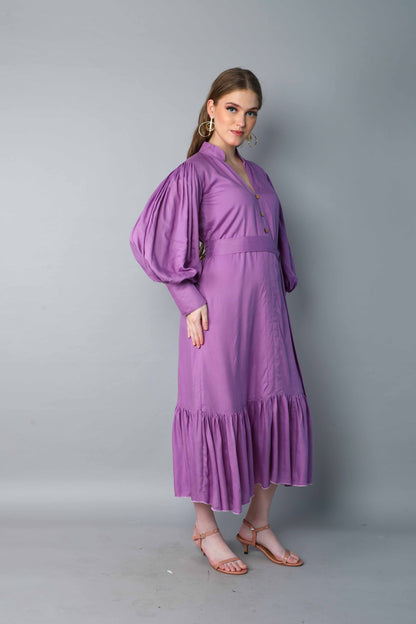 Lilac Puff Sleeve Belted Midi Dress