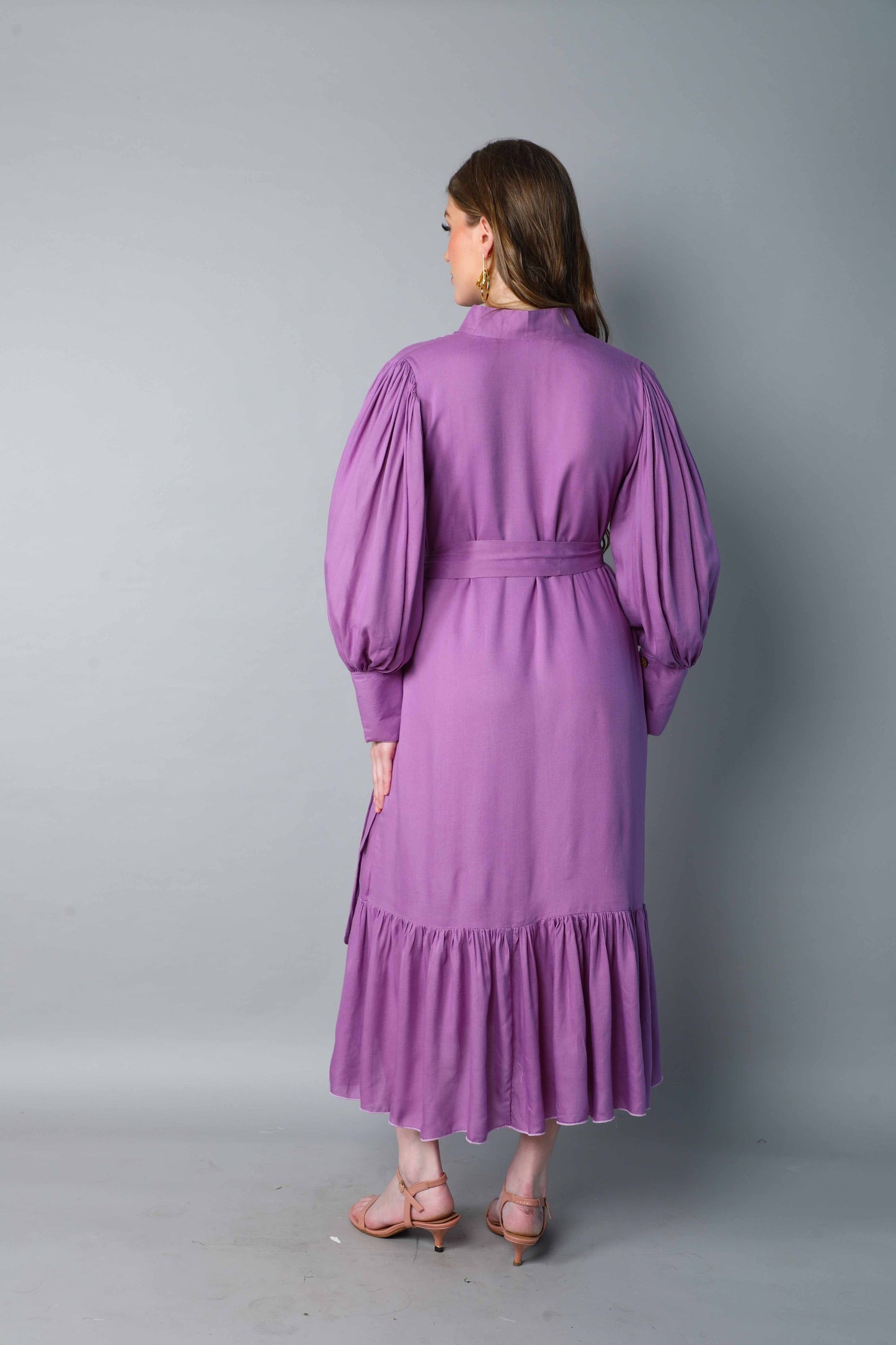 Lilac Puff Sleeve Belted Midi Dress