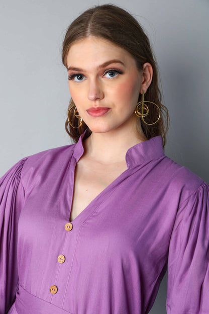 Lilac Puff Sleeve Belted Midi Dress