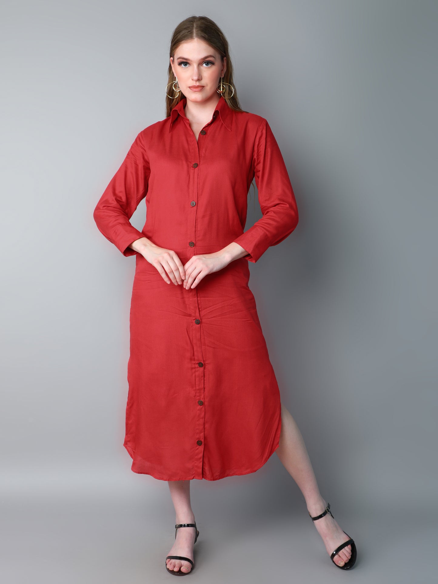 Solid Button-Down Shirt Dress-Red