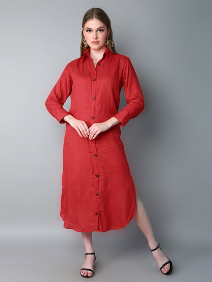 Solid Button-Down Shirt Dress-Red