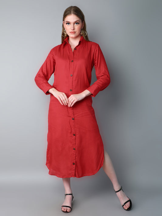 Solid Button-Down Shirt Dress-Red