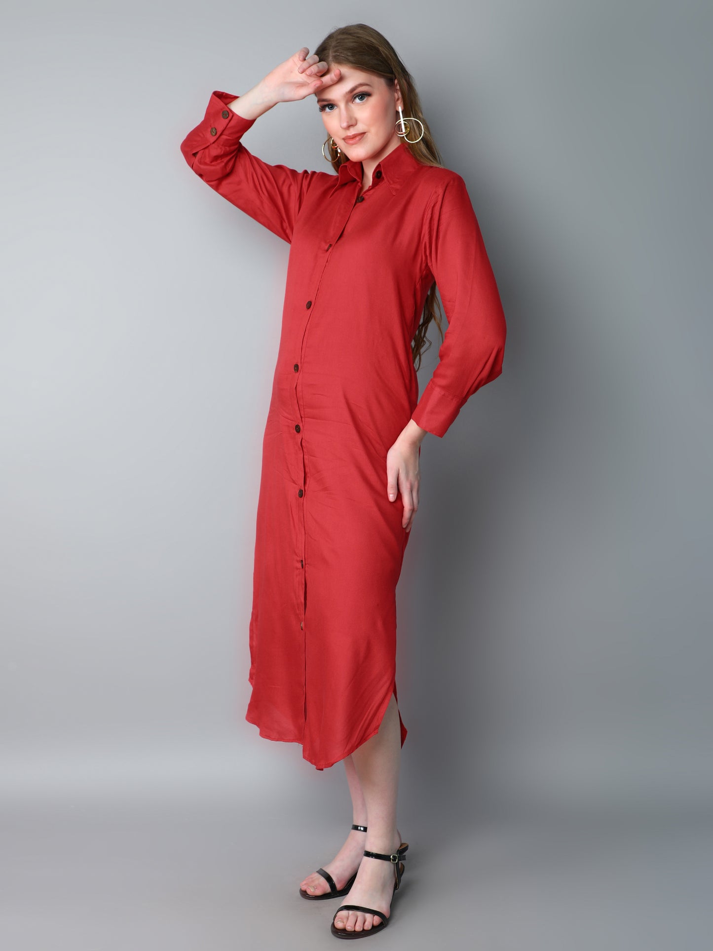 Solid Button-Down Shirt Dress-Red