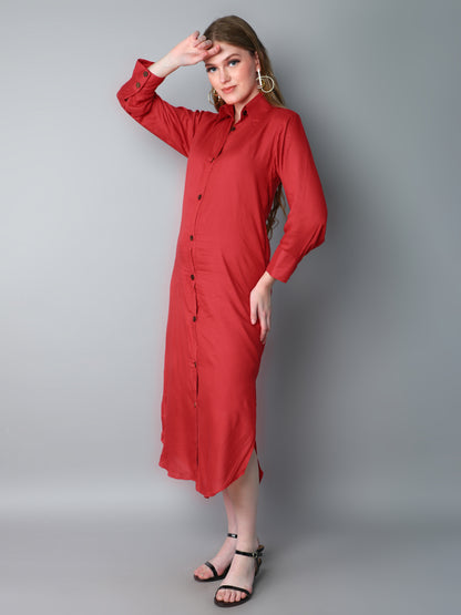 Solid Button-Down Shirt Dress-Red
