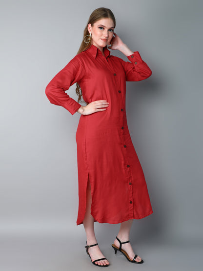 Solid Button-Down Shirt Dress-Red
