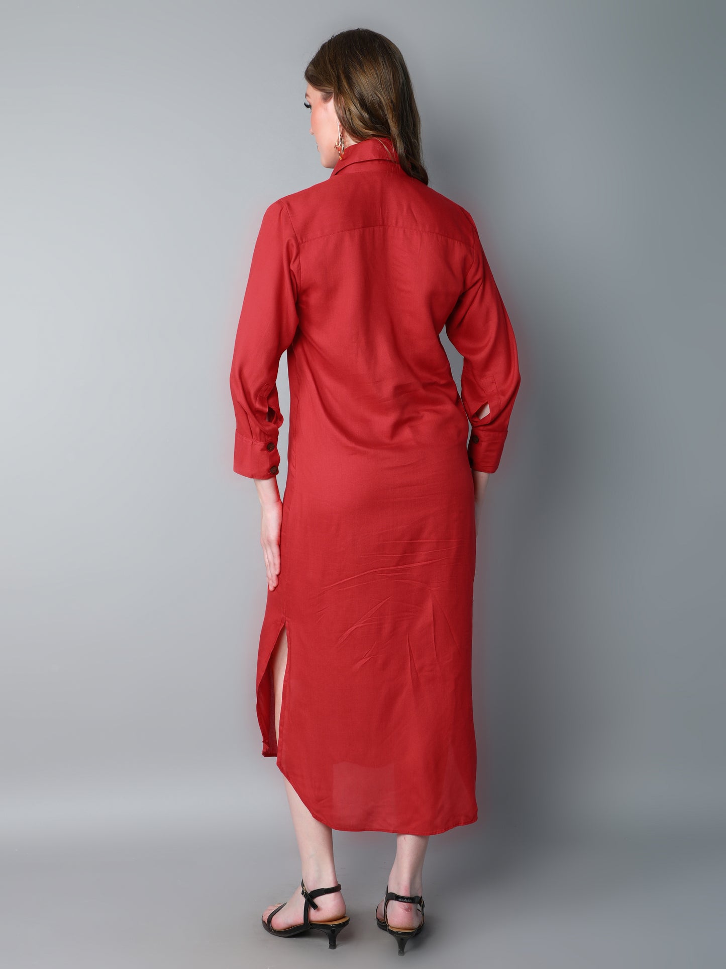 Solid Button-Down Shirt Dress-Red