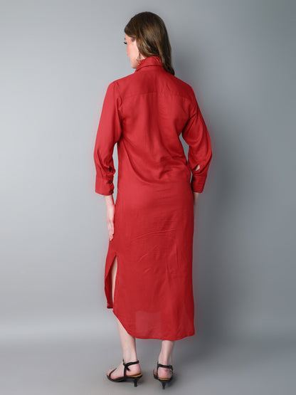 Solid Button-Down Shirt Dress-Red