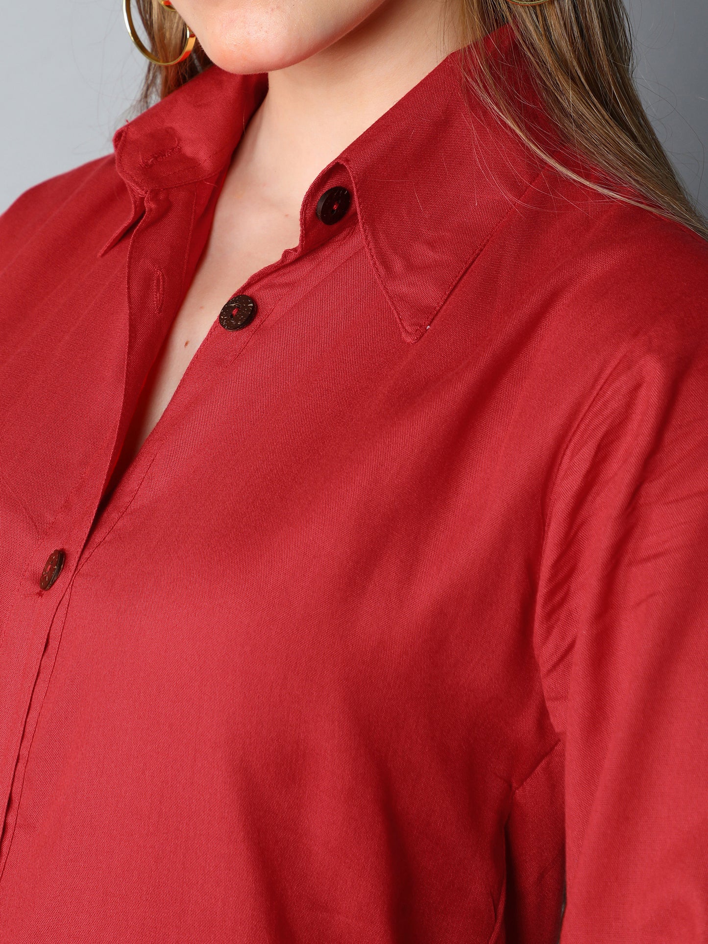 Solid Button-Down Shirt Dress-Red
