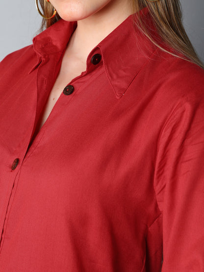 Solid Button-Down Shirt Dress-Red