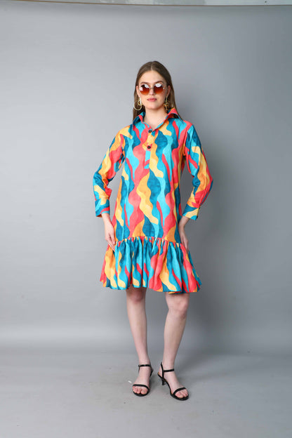 Multicolor Abstract Print Shirt Dress with Ruffle Hem
