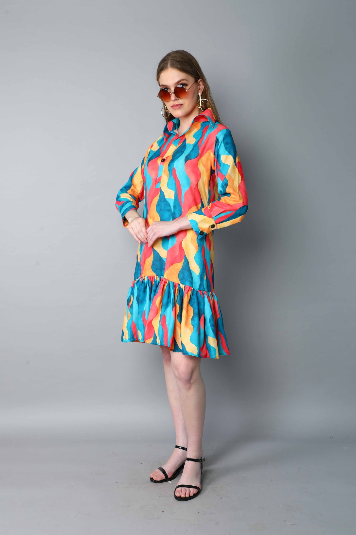 Multicolor Abstract Print Shirt Dress with Ruffle Hem